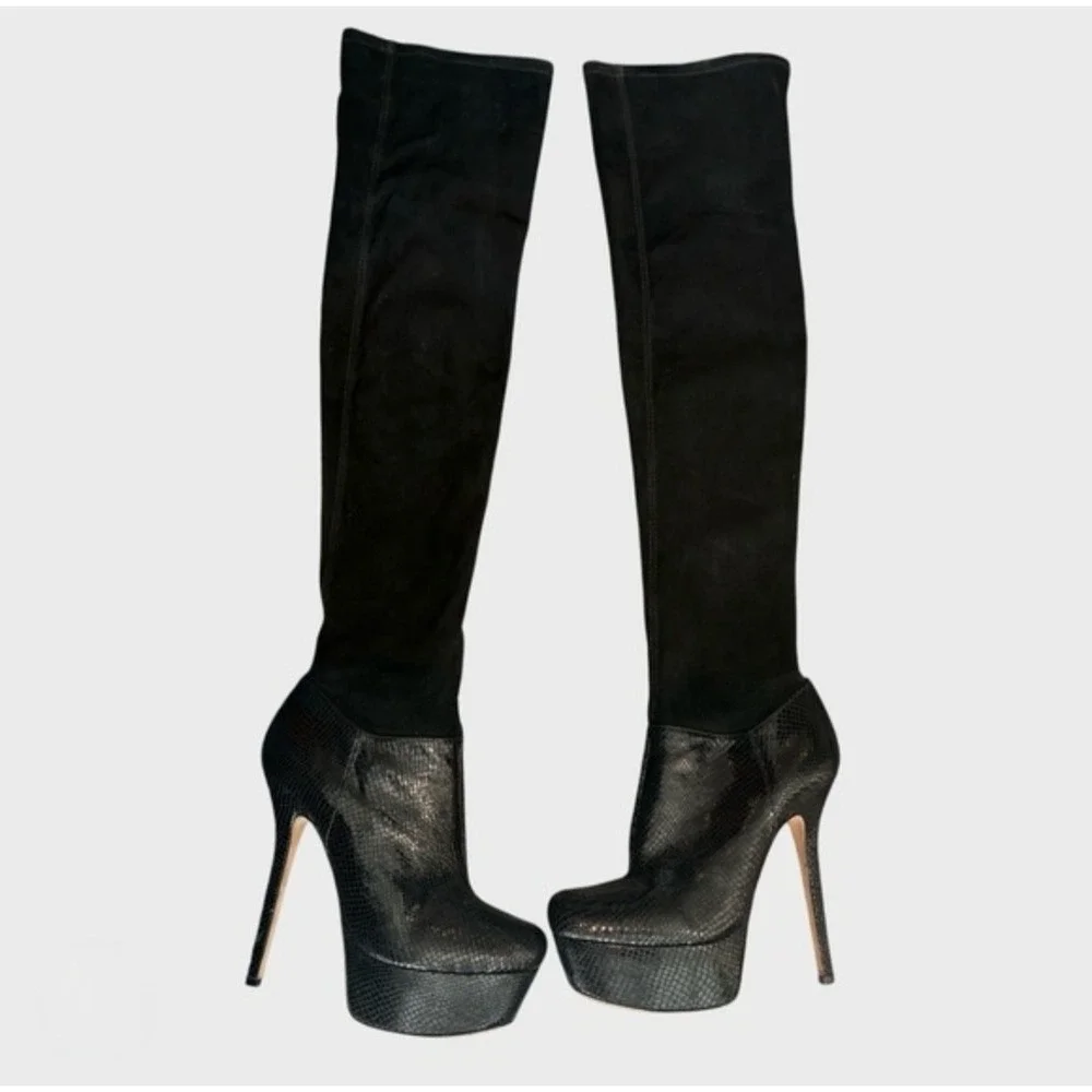 Alice + Olivia Black Snakeskin Embossed Platform Over The Knee Boots 39.5